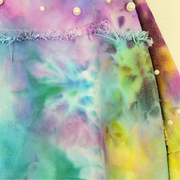 Handmade Tie Dye Jean Jacket Shacket Womens Size Large XL Upcycled Pearl Pockets - Picture 8 of 14